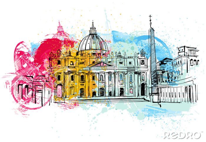 Papier peint  Ville de Rome et croquis en couleur