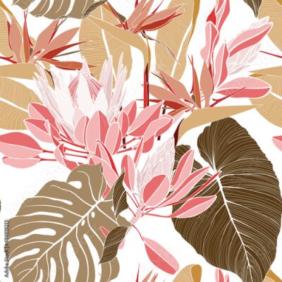 Papier peint  Vintage african seamless pattern.Tropical flowers background. Banksia, protea, strelitzia and leaves line illustration.