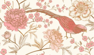 Vintage avec des oiseaux roses et des fleurs