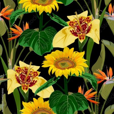 Papier peint  Vintage floral seamless background pattern. Beautiful tigridia flowers with strelitzia and sunflowers on black background. 