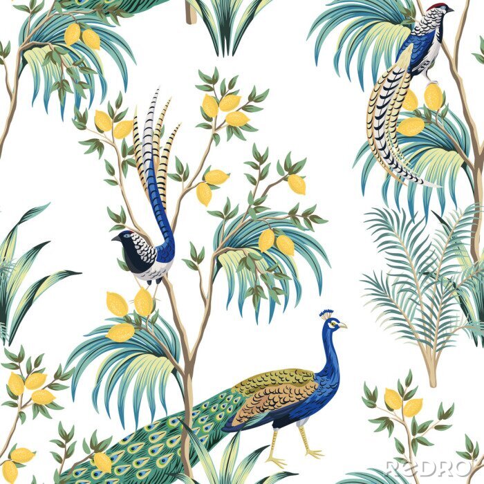 Papier peint  Vintage garden lemon fruit tree, plant, exotic peacock, exotic bird floral seamless pattern white background. Exotic chinoiserie wallpaper.