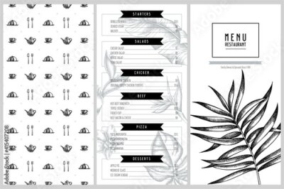 Papier peint  Vintage menu design with monstera, banana palm leaves, strelitzia, heliconia, tropical palm leaves, orchid