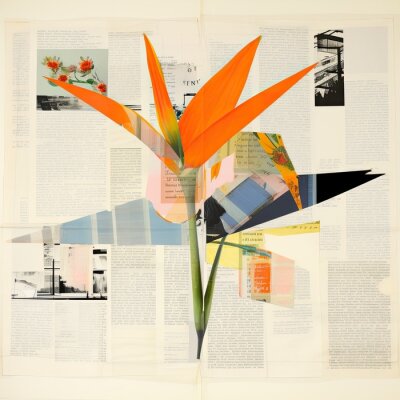 Papier peint  Vintage mixed media collage of Strelitzia bird of paradise flower and newsprint