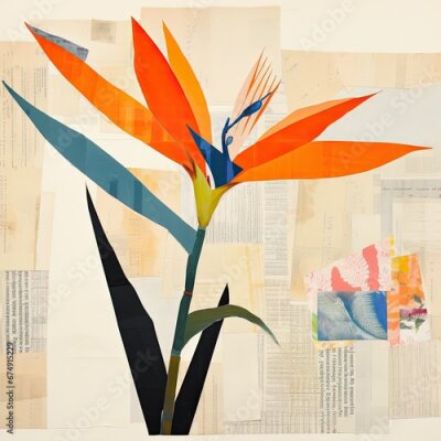Papier peint  Vintage mixed media collage of Strelitzia bird of paradise flower and newsprint