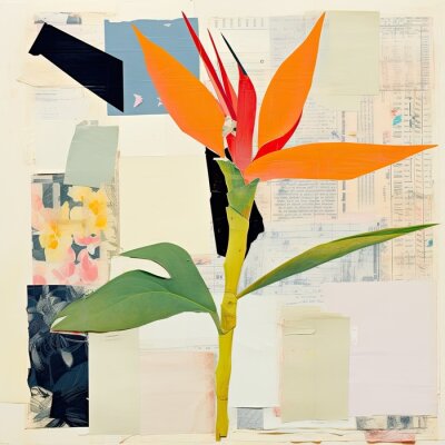 Papier peint  Vintage mixed media collage of Strelitzia bird of paradise flower, old notes and fabric swatches