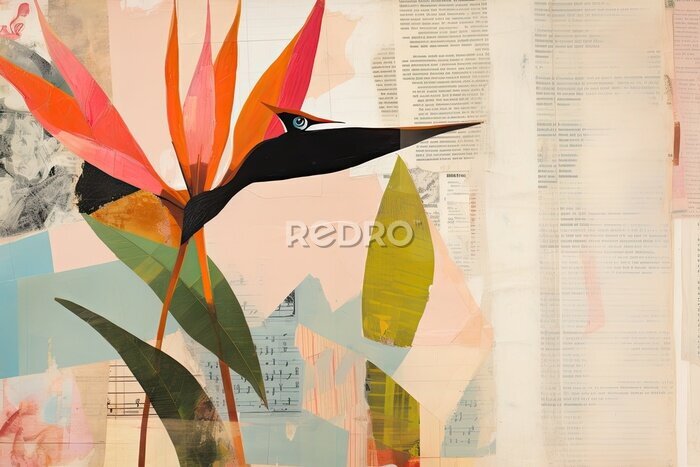 Papier peint  Vintage mixed media collage of Strelitzia bird of paradise flower, old notes and fabric swatches