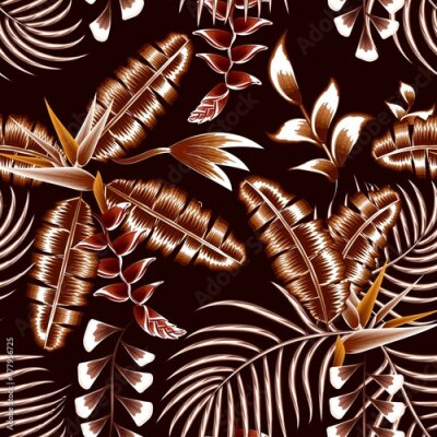 Papier peint  vintage nature illustration vector background decorative with beautiful tropical banana palm leaves and heliconia flower, strelitzia plant foliage on dark background. fashionable print texture. summer