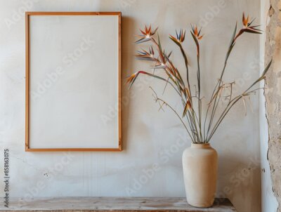 Papier peint  vintage rustic background with empty light wooden frame on beige wall and white ceramic vase with strelitzia flowers. Grunge mockup