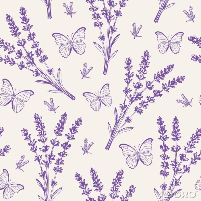 Papier peint  Vintage seamless pattern with lavender flowers and butterflies.
