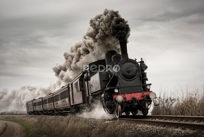 Papier peint  Vintage steam train with ancient locomotive and old carriages runs on the tracks in the countryside
