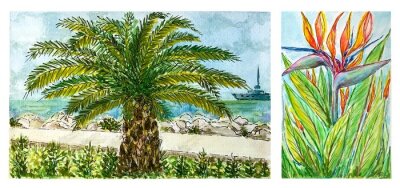 Papier peint  Vintage watercolor postcard with palm tree and strelitzia. Tourism and travel, vacation at the sea.