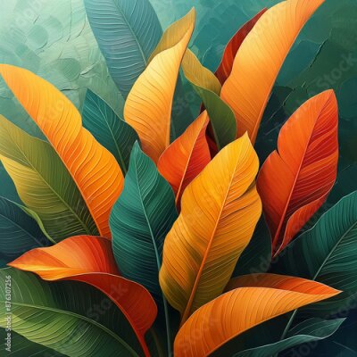 Papier peint  Vivid Tropical Leaves of Strelitzia flower. Bright Green and orange Plant flower background. Lush Greenery Nature Concept