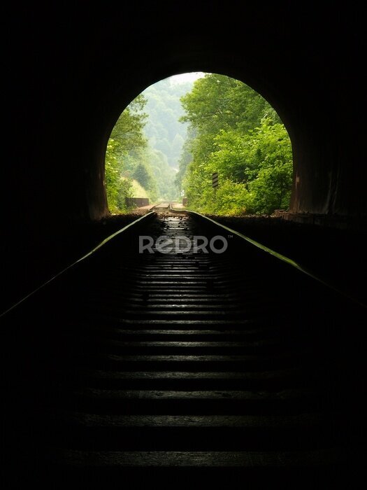 Papier peint  Voir dans le tunnel ferroviaire vieux rails rouillés et huilée traverses.
