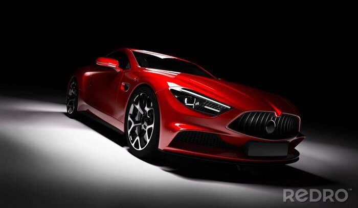 Papier peint  Voiture de sport rouge moderne à l'honneur sur un fond noir.