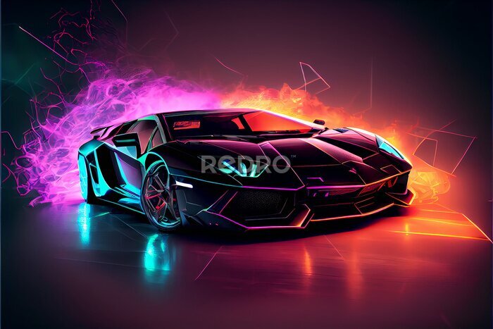Papier peint  Voiture de sport sur fond néon