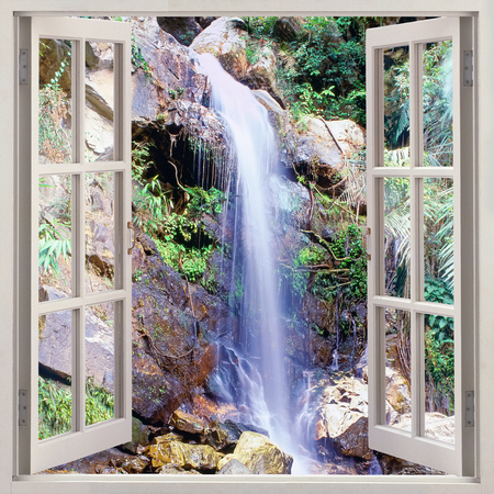 Papier peint  Vue d'une cascade à travers une fenêtre
