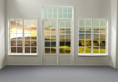 Papier peint  Vue d'une prairie au coucher du soleil à travers des fenêtres blanches