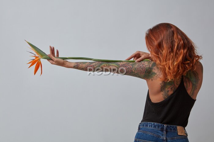 Papier peint  Vue de l'arrière d'une fille avec un tatouage avec une strelitzia de fleur d'oranger sur un fond gris avec espace de copie pour le texte.
