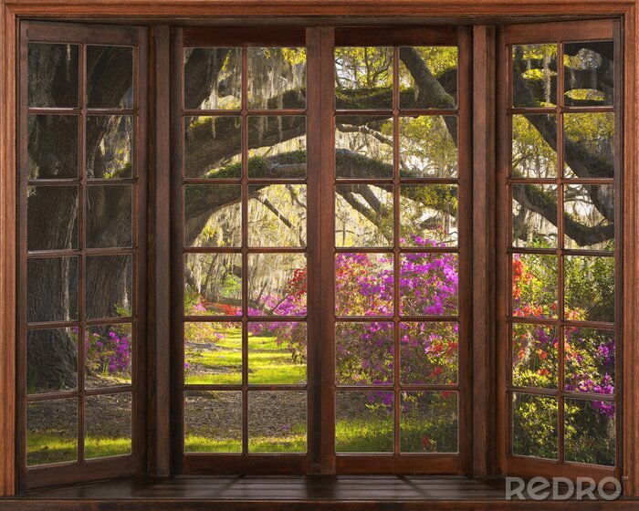 Papier peint  Vue de la fenêtre 3d. Belle vue sur la nature depuis la fenêtre.