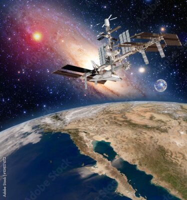 Papier peint  Vue de la Terre et d'un satellite depuis l'espace