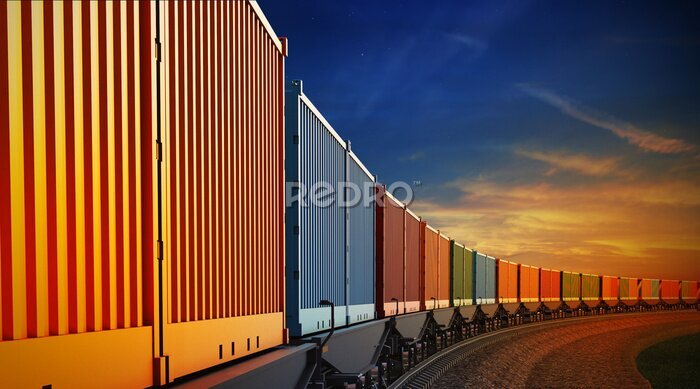 Papier peint  Wagons de train colorés contre le coucher du soleil