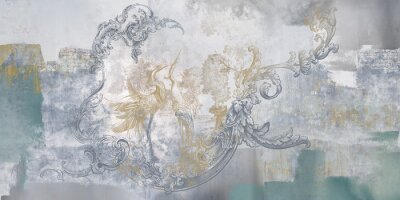 Papier peint  Wall mural, wallpaper, in the style of classic, baroque, modern, rococo. Wall mural with birds and concrete grunge background. Light, delicate photo wallpaper design.