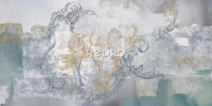 Papier peint  Wall mural, wallpaper, in the style of loft, classic, baroque, modern, rococo. Wall mural with graphic birds and patterns on concrete grunge background. Light, delicate photo wallpaper design.
