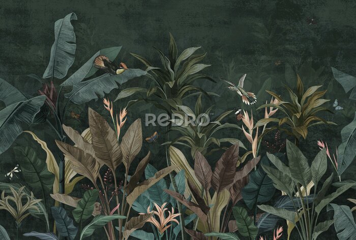 Papier peint  wallpaper palm tropical forest vintage jungle pattern with birds dark mood