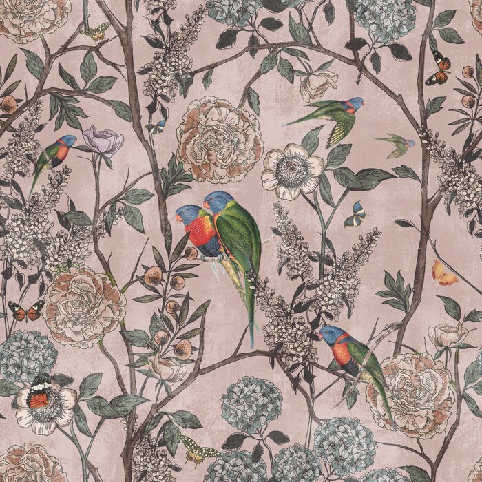 Papier peint  Wallpaper pattern Vintage flowers rose leaves and parrot butterflies colors with pink background .