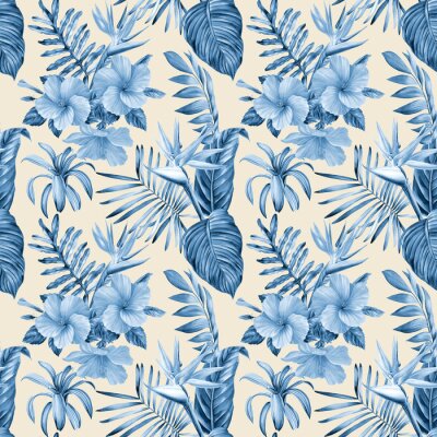 Papier peint  Wallpaper tropical blue palm leaves, strelitzia bird of paradise flower, botanical seamless pattern, vintage background