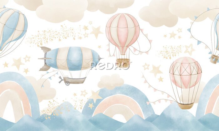 Papier peint  Wallpaper with Hot Air Balloons. Seamless wall paper for baby room. Pattern with clouds, rainbow and mountains for childish design. Blue and beige pastel colors