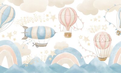 Papier peint  Wallpaper with Hot Air Balloons. Seamless wall paper for baby room. Pattern with clouds, rainbow and mountains for childish design. Blue and beige pastel colors