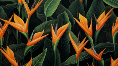 Papier peint  wallpaper with strelitzia bird of paradise flowers and green leaves orange yellow petals background drawing painting texture exotic tropical plants pattern rainforest jungle design fabric illustration