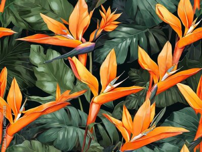 Papier peint  wallpaper with strelitzia bird of paradise flowers and green leaves orange yellow petals background drawing painting texture exotic tropical plants pattern rainforest jungle design fabric illustration