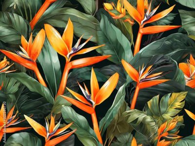 Papier peint  wallpaper with strelitzia bird of paradise flowers and green leaves orange yellow petals background drawing painting texture exotic tropical plants pattern rainforest jungle design fabric illustration