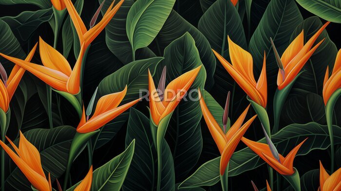 Papier peint  wallpaper with strelitzia bird of paradise flowers and green leaves orange yellow petals background drawing painting texture exotic tropical plants pattern rainforest jungle design fabric illustration