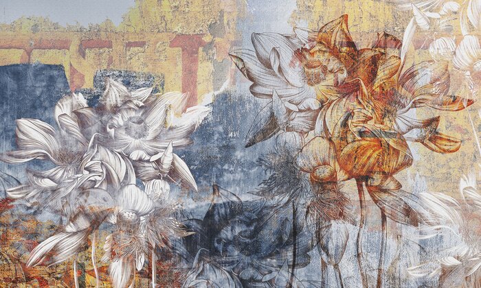 Papier peint  Water lilies, pitchers. Graphic flowers painted on concrete grunge wall. Stunningly beautiful, vintage, modern mural, wallpaper, photo wallpaper, cover, postcard.