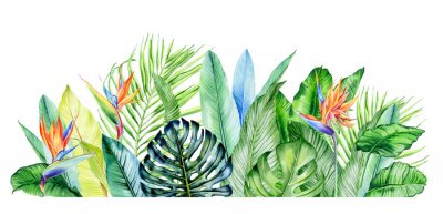 Papier peint  Watercolor arrangement with tropical plants, leaves and strelitzia flowers.  Greenery frames for tropical summer wedding. Great for cards, wedding invites, hawaii birthday and beach party
