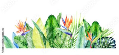 Papier peint  Watercolor arrangement with tropical plants, leaves and strelitzia flowers.  Greenery frames for tropical summer wedding. Great for cards, wedding invites, hawaii birthday and beach party