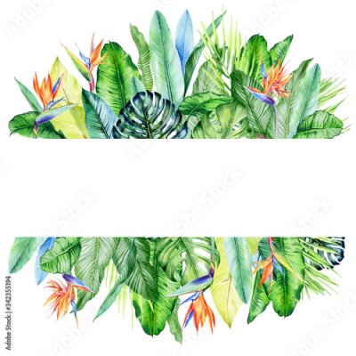 Papier peint  Watercolor arrangement with tropical plants, leaves and strelitzia flowers.  Greenery frames for tropical summer wedding. Great for cards, wedding invites, hawaii birthday and beach party