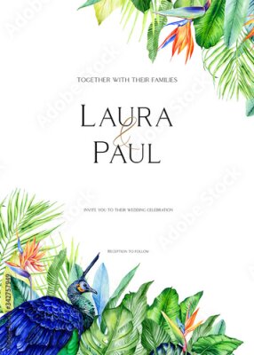 Papier peint  Watercolor arrangements with peackock andtropical plants, leaves and strelitzia flowers.  Greenery frames for tropical summer wedding. Great for cards, wedding invites, hawaii birthday and beach party