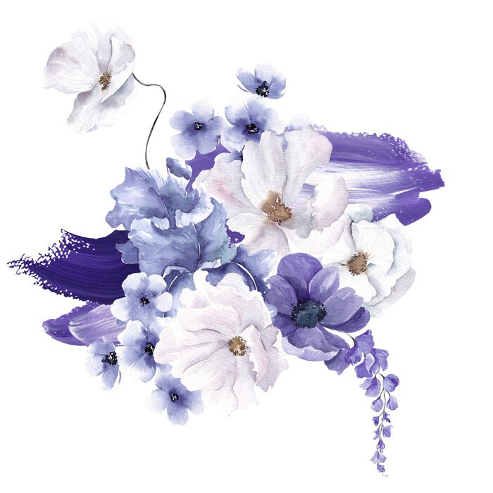 Papier peint  Watercolor arrangements with very peri flowers and leaves. Violet floral, isolated on white background