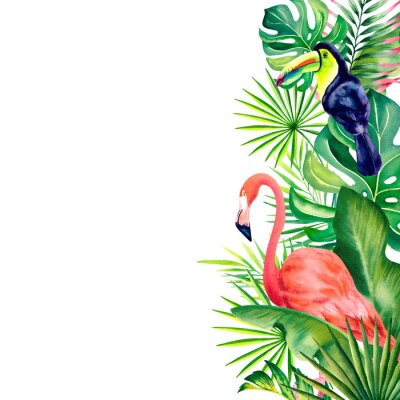 Papier peint  Watercolor border, a frame of tropical leaves, strelitzia flowers, plumeria, flamingos and rainbow toucan birds. Hand-painted tropical plants and birds. Clipart, template for a postcard.