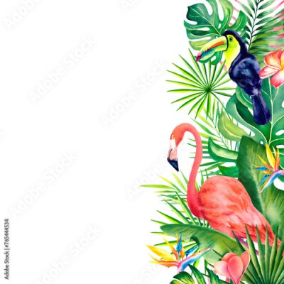 Papier peint  Watercolor border, a frame of tropical leaves, strelitzia flowers, plumeria, flamingos and rainbow toucan birds. Hand-painted tropical plants and birds. Clipart, template for a postcard.