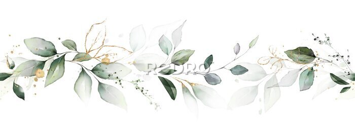 Papier peint  watercolor botanic, Leaf and buds. Seamless herbal composition for wedding or greeting card. Spring Border with leaves eucalyptus