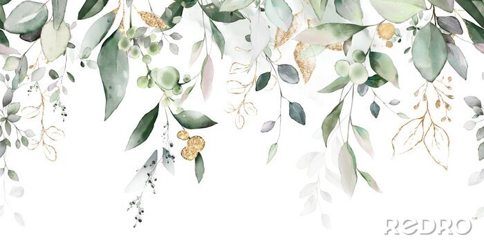 Papier peint  Watercolor botanic, Leaf and buds. Seamless herbal composition for wedding or greeting card. Spring Border with leaves eucalyptus