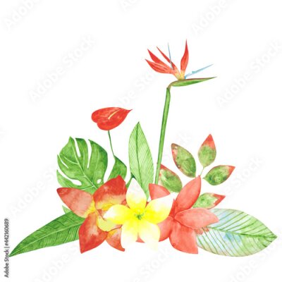 Papier peint  Watercolor bouquet of exotic flowers isolated on a white background. Orchid, Bird of paradise, strelitzia, monstera, and anthurium for wedding invitation. Hand-drawn tropical floral illustration.