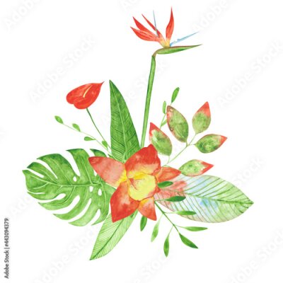 Papier peint  Watercolor bouquet of exotic flowers isolated on a white background. Orchid, bird of paradise, strelitzia, monstera, and other flowers for wedding invitation. Hand-drawn tropical floral clipart.