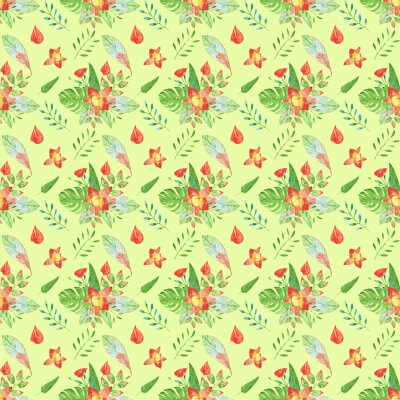 Papier peint  Watercolor bouquet of exotic flowers seamless pattern on a green background. Orchid, strelitzia, monstera, and anthurium on an endless print. Hand-drawn tropical floral illustration.