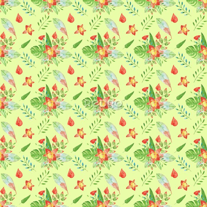 Papier peint  Watercolor bouquet of exotic flowers seamless pattern on a green background. Orchid, strelitzia, monstera, and anthurium on an endless print. Hand-drawn tropical floral illustration.